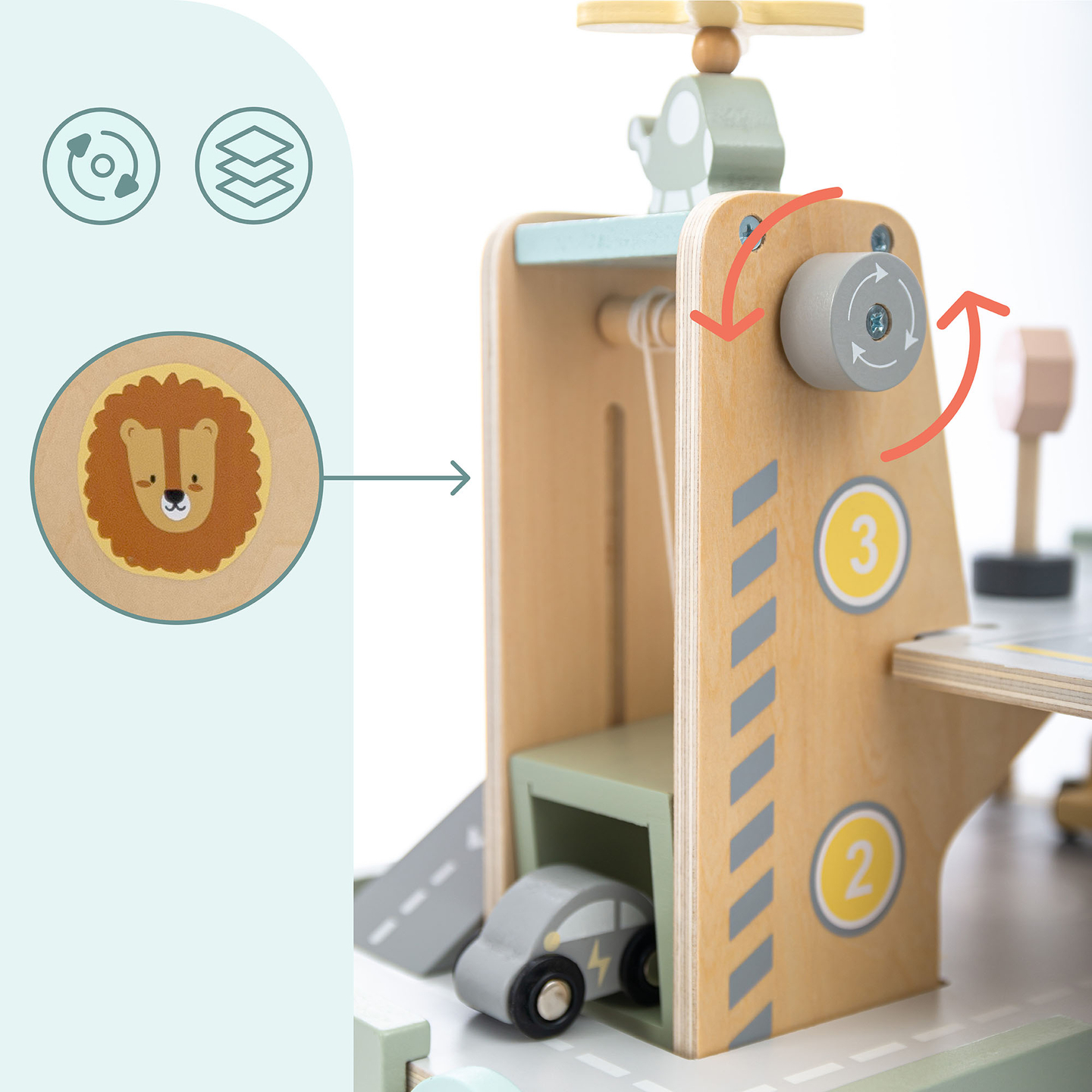 Drvena, trokatna garaža za djecu s pratećom opremom – parkiralište, benzinska postaja, autopraonica, helikopter