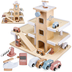 Drveni troetažni parking sa liftom - garaža sa automobilima i helikopterom