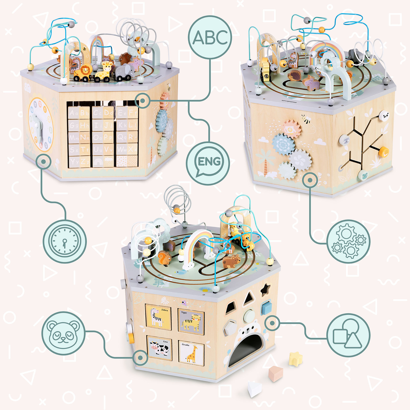 Velika drvena edukativna kocka - Montessori igračka s magnetskim vlakom i motornim petljama