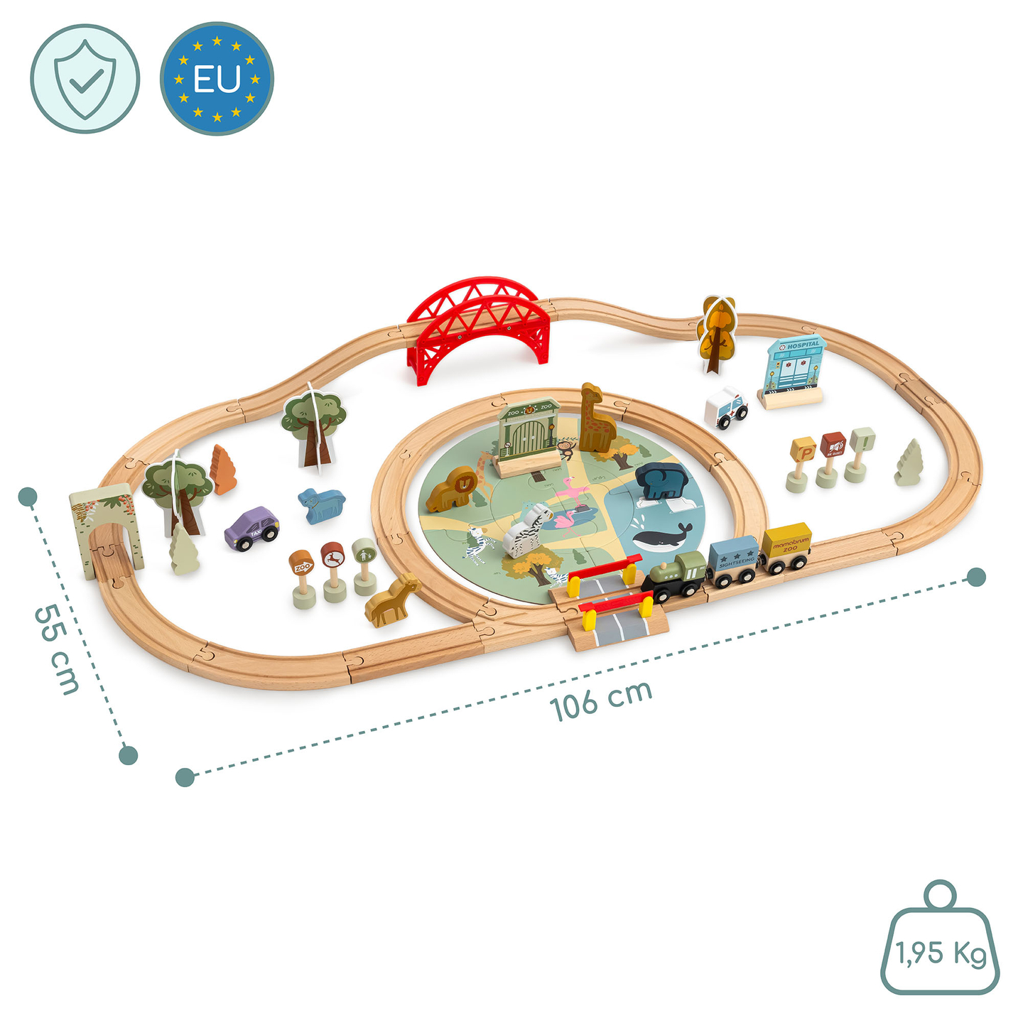 Drveni vlakić u zoološkom vrtu – slagalica, vlakić, tračnice, životinje, most, barijera