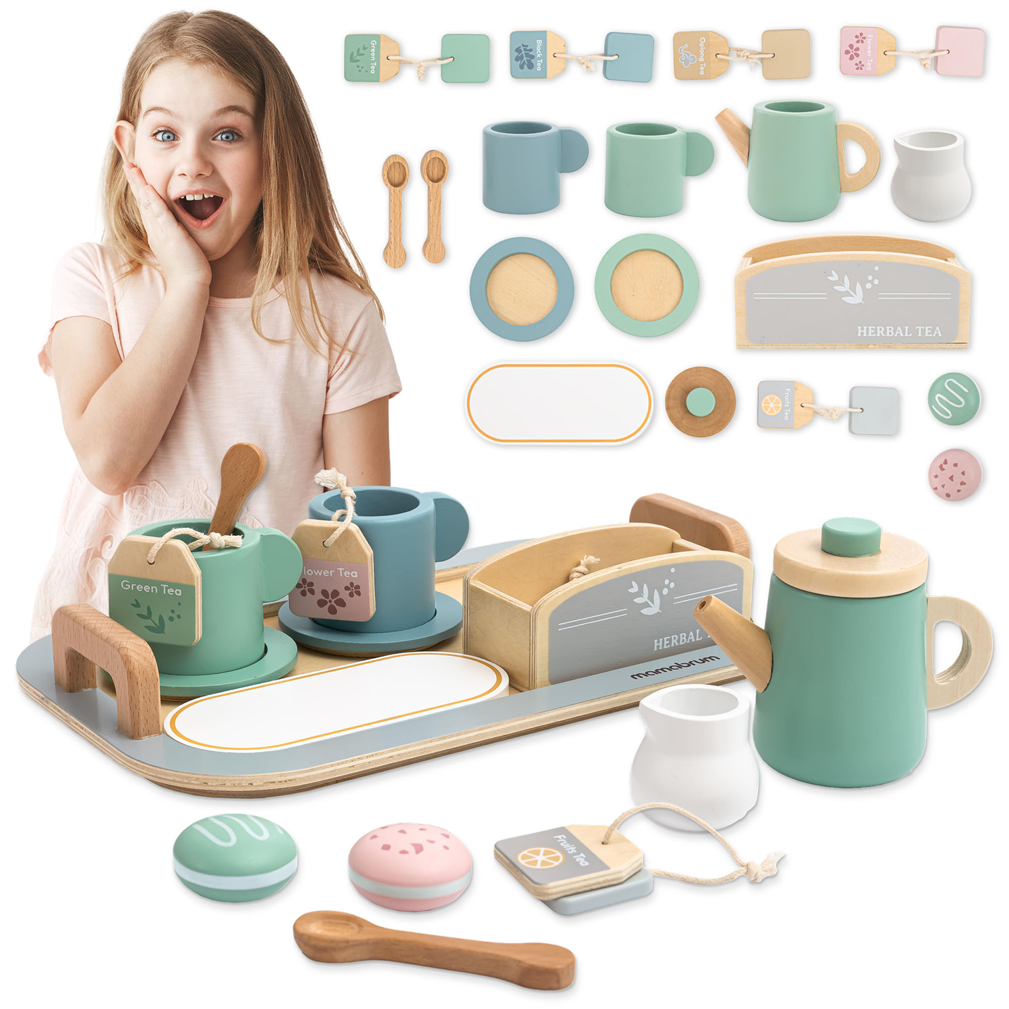 Veliki drveni set za čaj s pladnjem - 18 dijelova