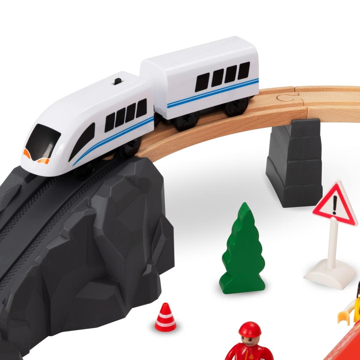 Drveni vlak, vlak na baterije - vatrogasci, tračnice, automobili, mostovi, barijere