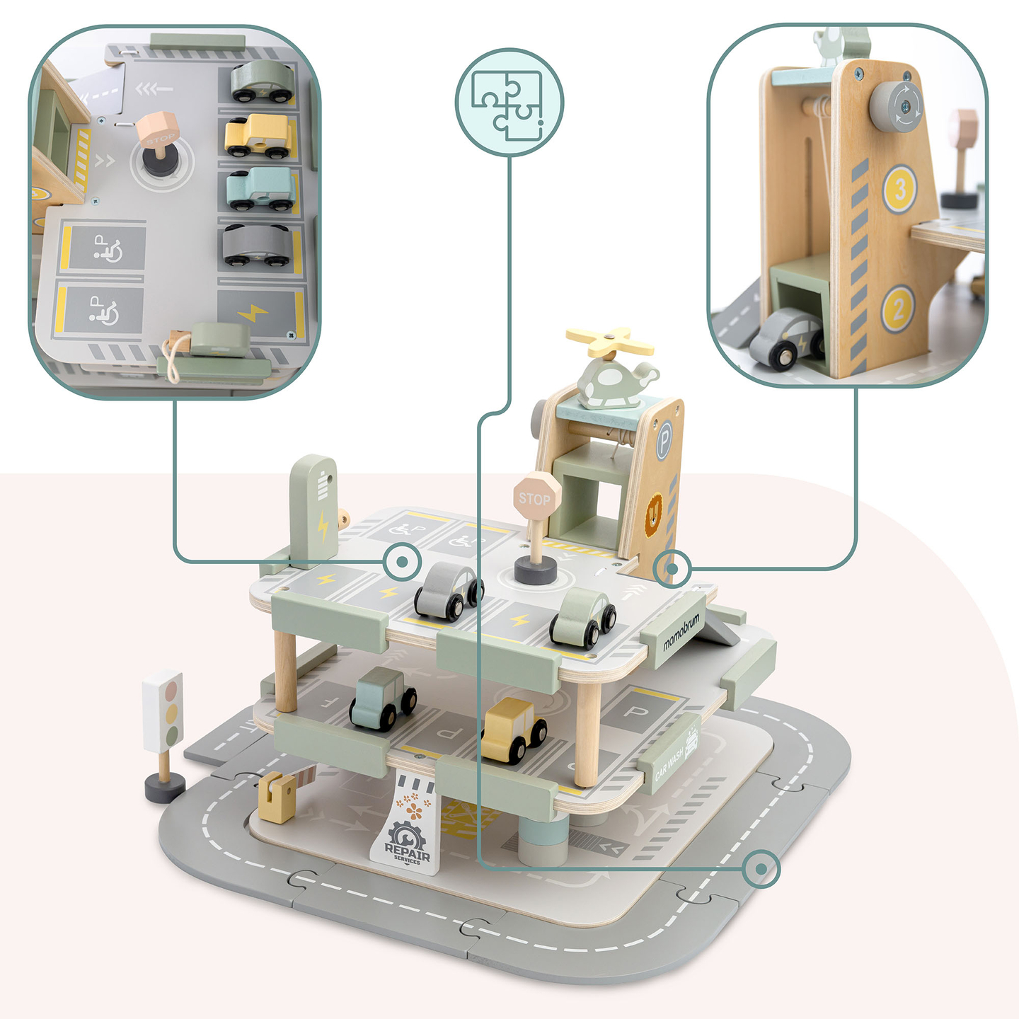 Drvena, trokatna garaža za djecu s pratećom opremom – parkiralište, benzinska postaja, autopraonica, helikopter