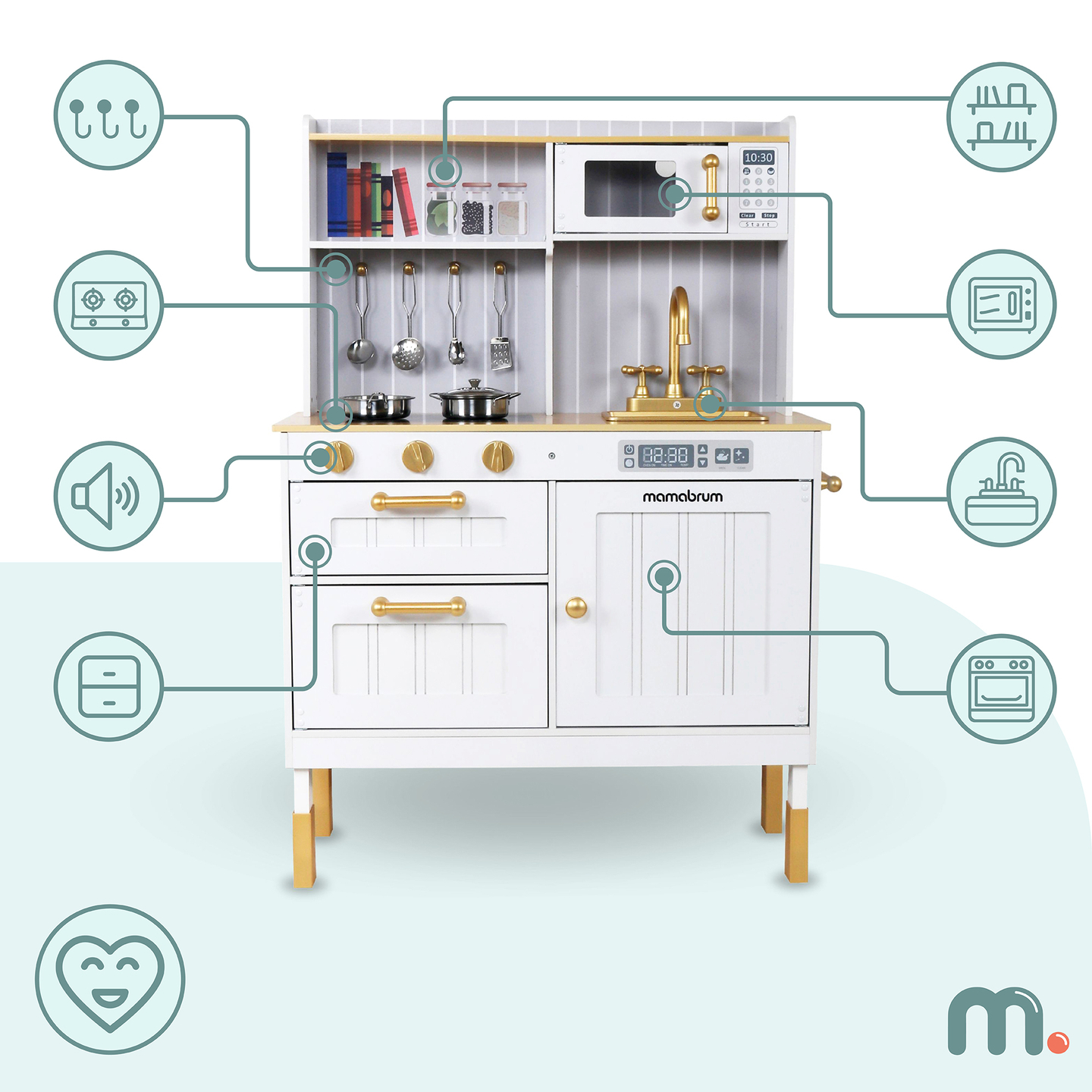 Drvena bijela kuhinja s priborom i pregačom