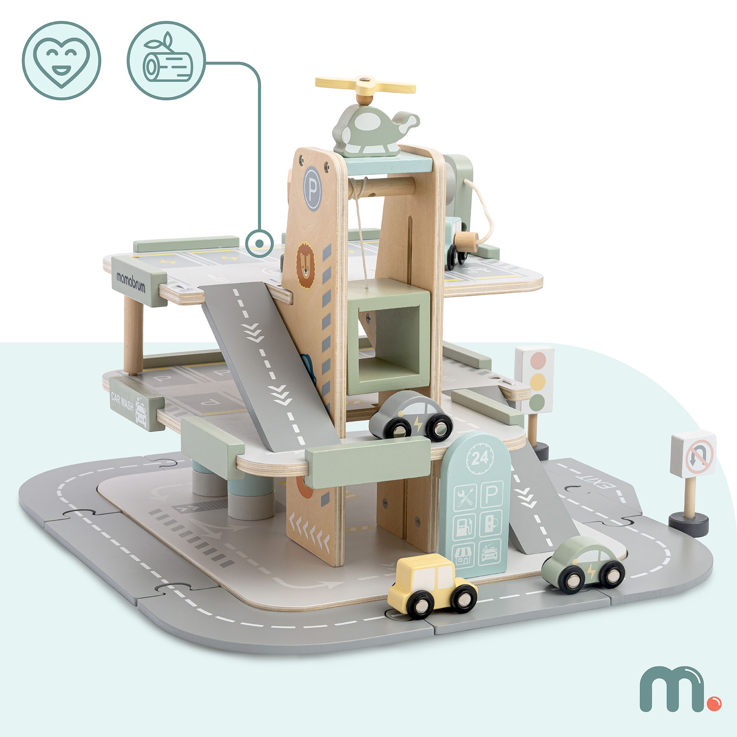 Drvena, trokatna garaža za djecu s pratećom opremom – parkiralište, benzinska postaja, autopraonica, helikopter