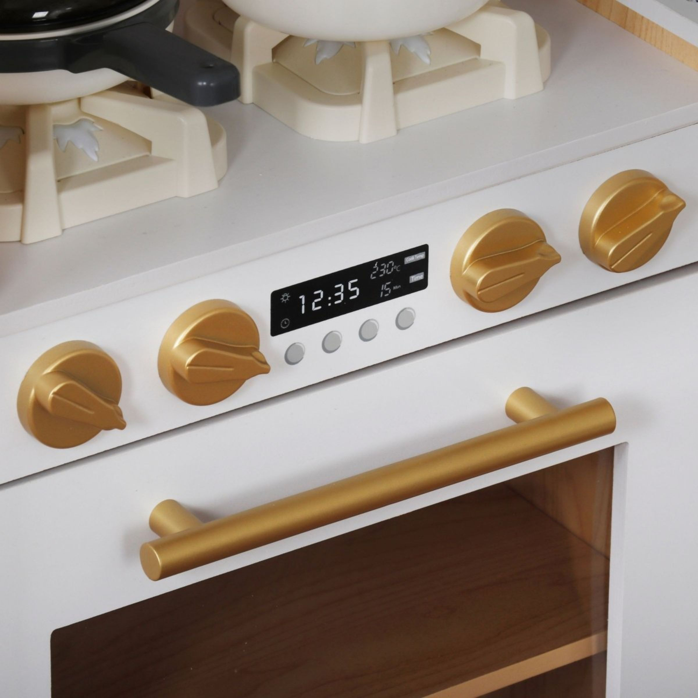 Velika, drvena XXXXL interaktivna kuhinja s LED rasvjetom, perilicom rublja, mikrovalnom pećnicom, aparatom za kavu i setom povrća i voća - 50 elemenata