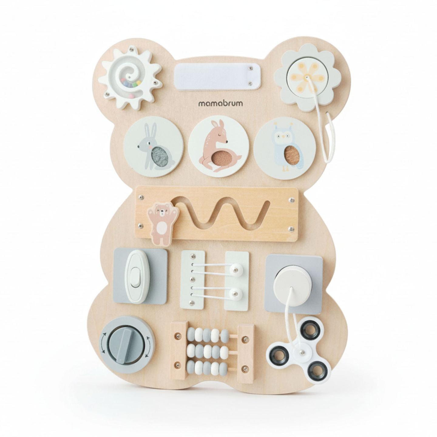 Drvena Montessori manipulativna ploča s medvjedićem - senzorno učenje samostalnosti: čičak, čep, labirint, klik gumb