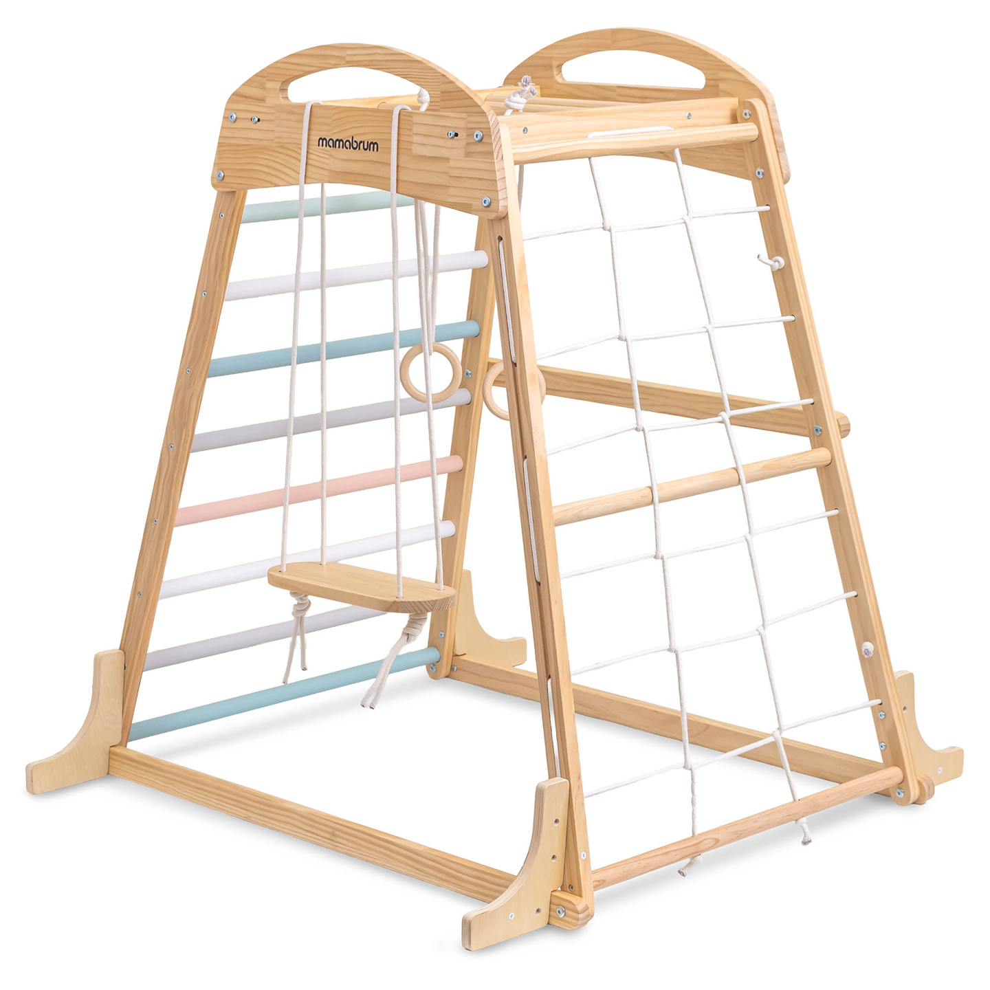 Drveno unutarnje igralište s ljuljačkom, gimnastičkim kolutovima i mrežom za penjanje