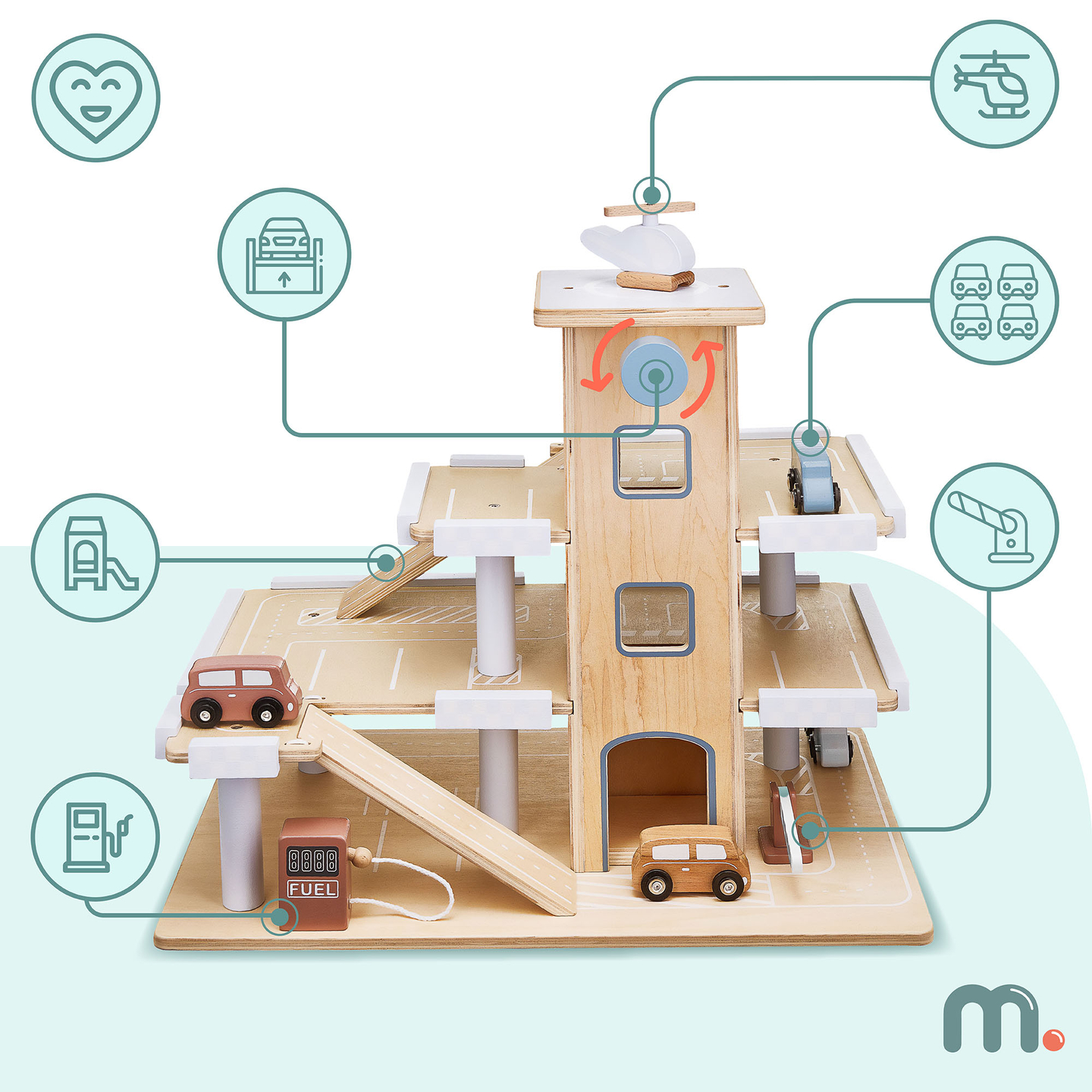 Drveni troetažni parking sa liftom - garaža sa automobilima i helikopterom