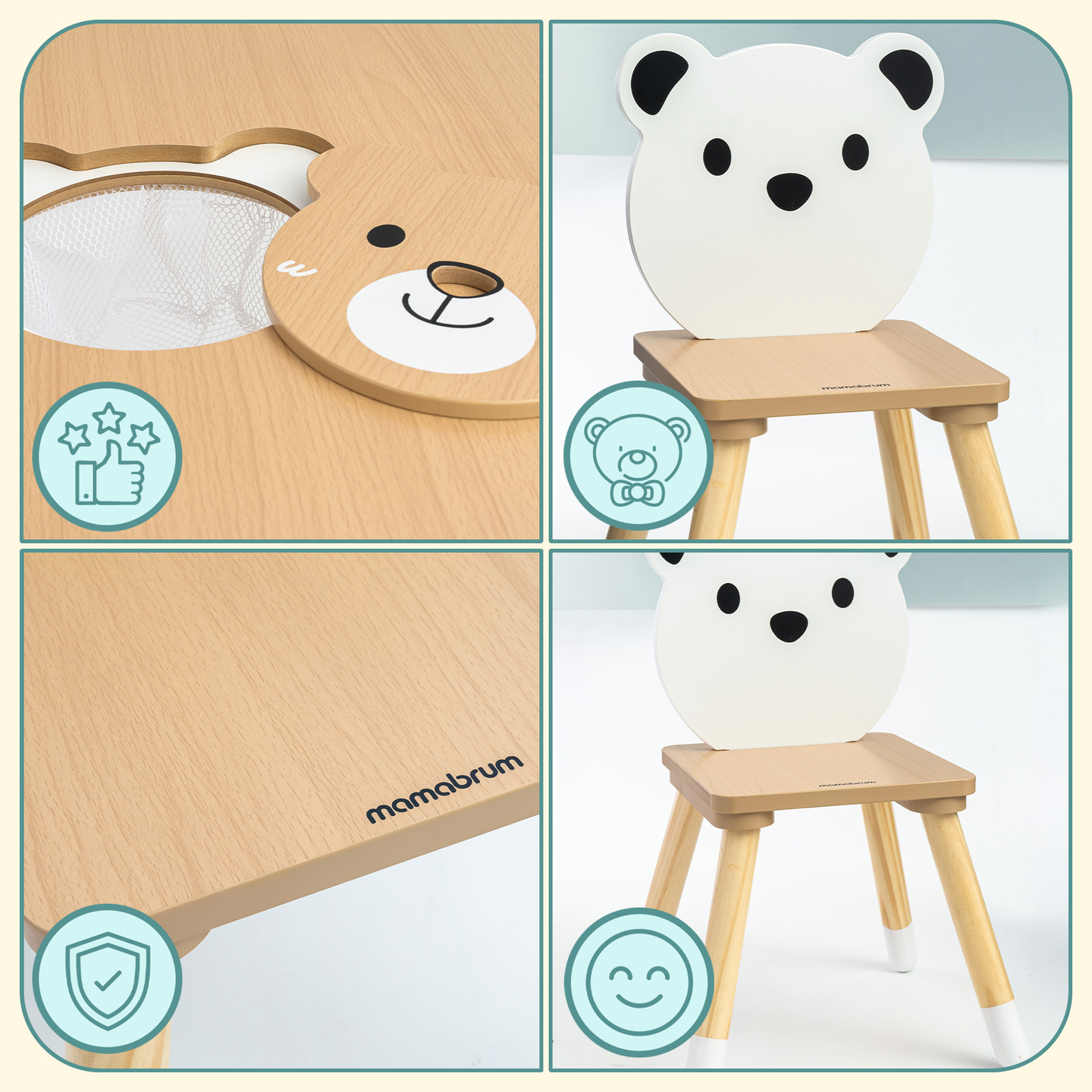Drveni stol s prostorom za pohranu i 2 stolice Dječji set - Slatki plišani medvjedić