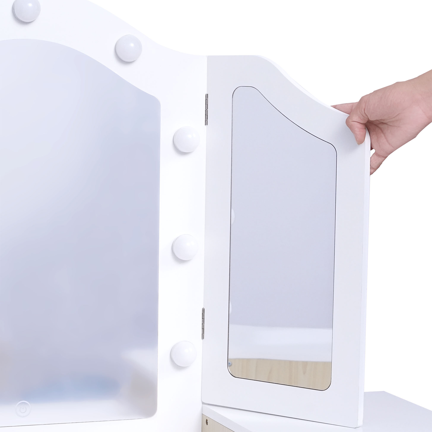 Drveni dječji toaletni stolić sa stolicom, priborom i LED rasvjetom