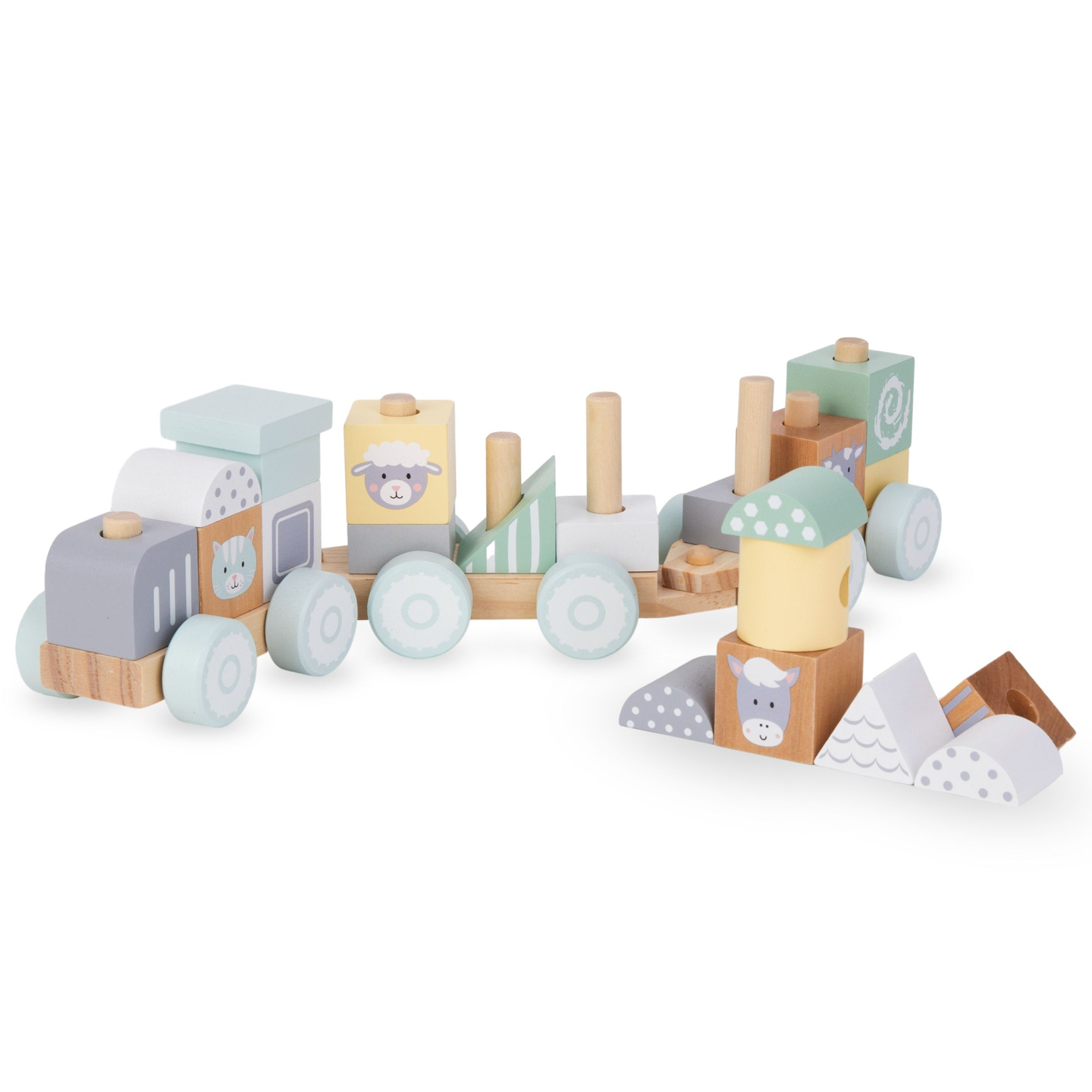 Drveni vlak s kockama za dječaka - Farma