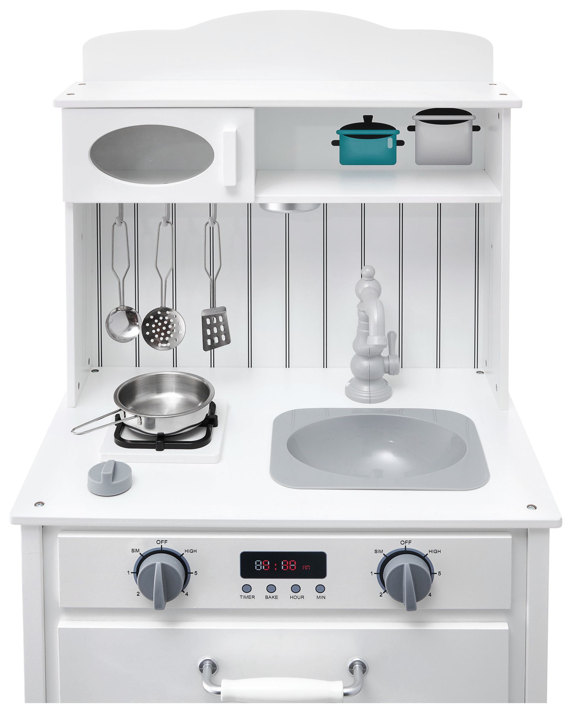 Bijela drvena kuhinja s pregačom, priborom i LED lampom