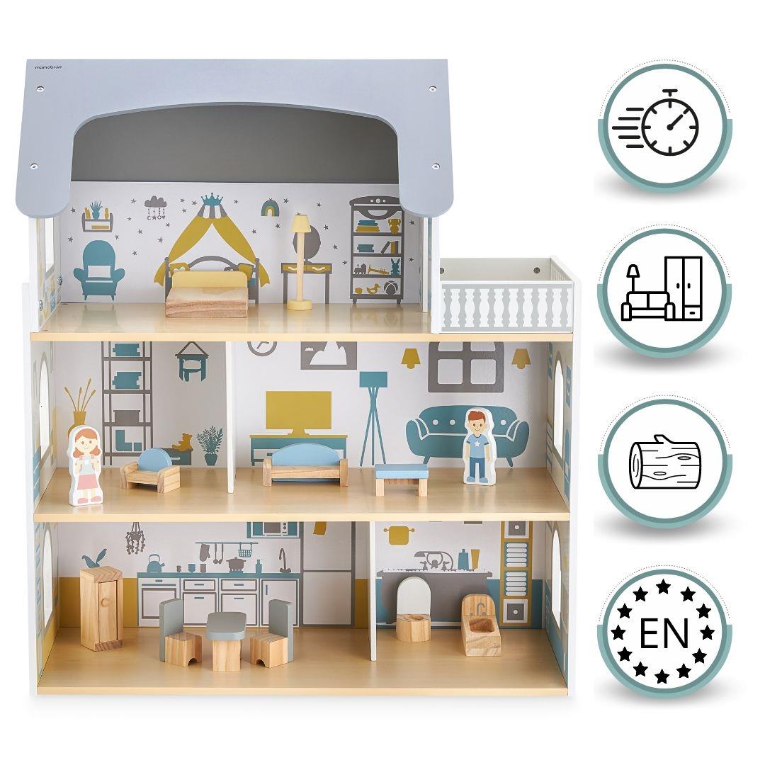 Bijela drvena kućica za lutke s terasom i dodacima