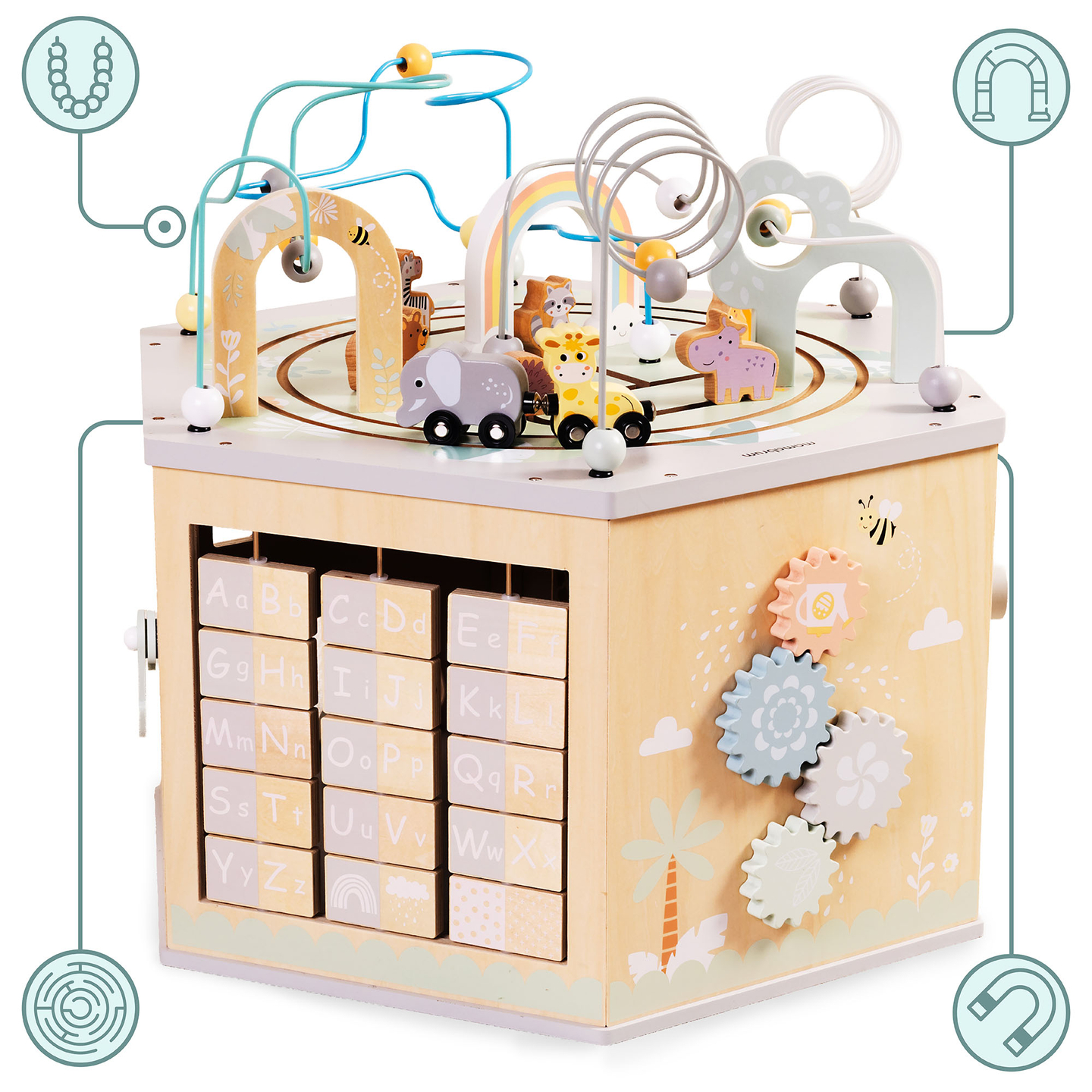 Velika drvena edukativna kocka - Montessori igračka s magnetskim vlakom i motornim petljama