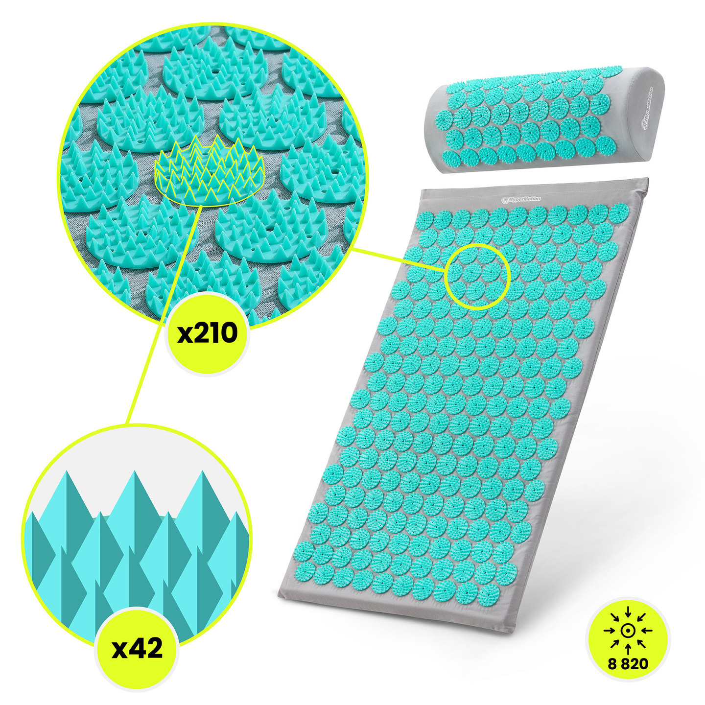 Prostirka za akupresuru s jastukom i navlakom - 72 cm HyperMotion sivo-menta