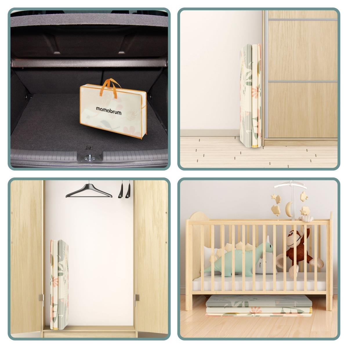 Dvostrana sklopiva pjenasta prostirka 180 x 120 x 1 cm - egzotični slonovi/jednobojna siva