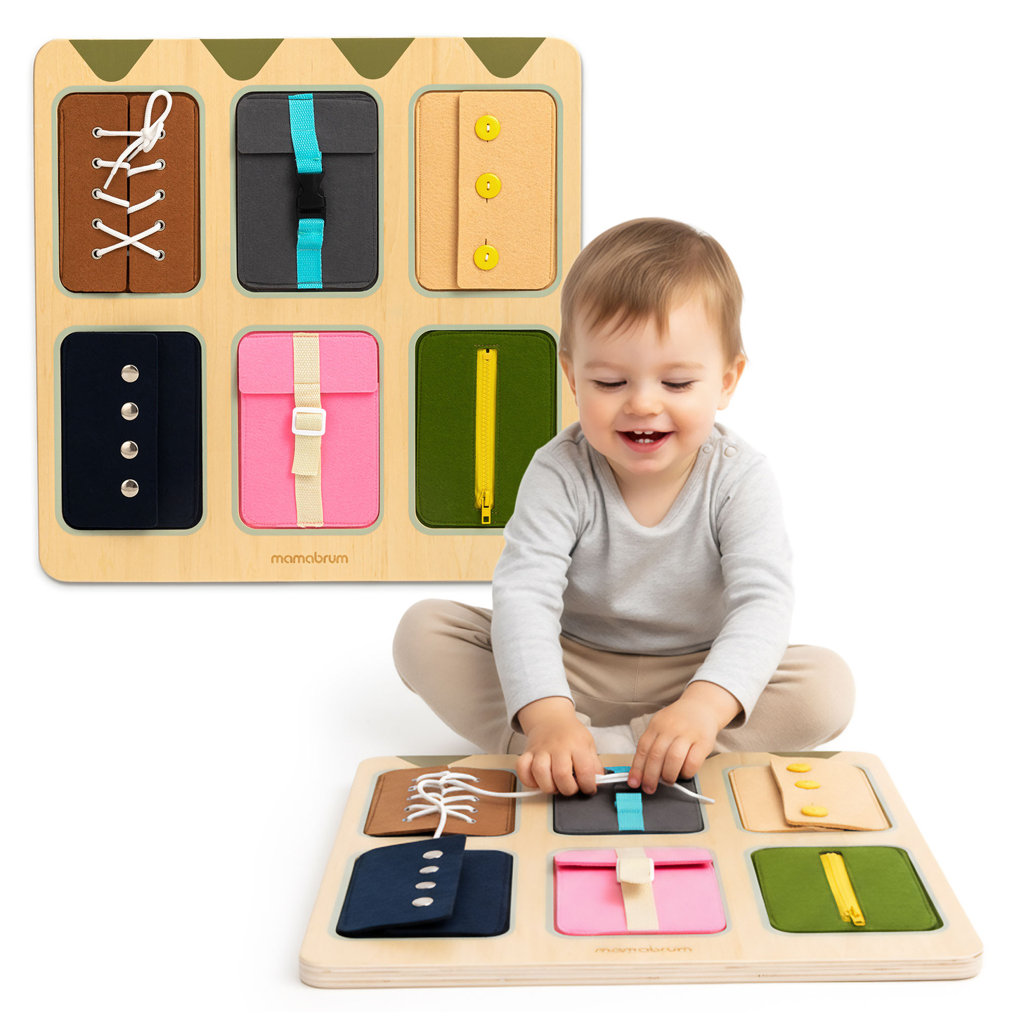 Drvena Montessori manipulativna ploča – Senzorno učenje samostalnosti - vezice, kopče, gumbi, drukeri, patentni zatvarač