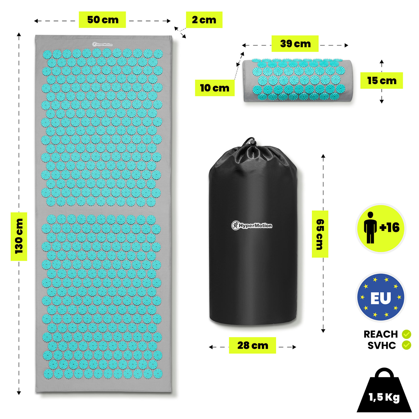 Velika akupresurna prostirka s jastukom i navlakom - 130 cm HyperMotion sivo-menta