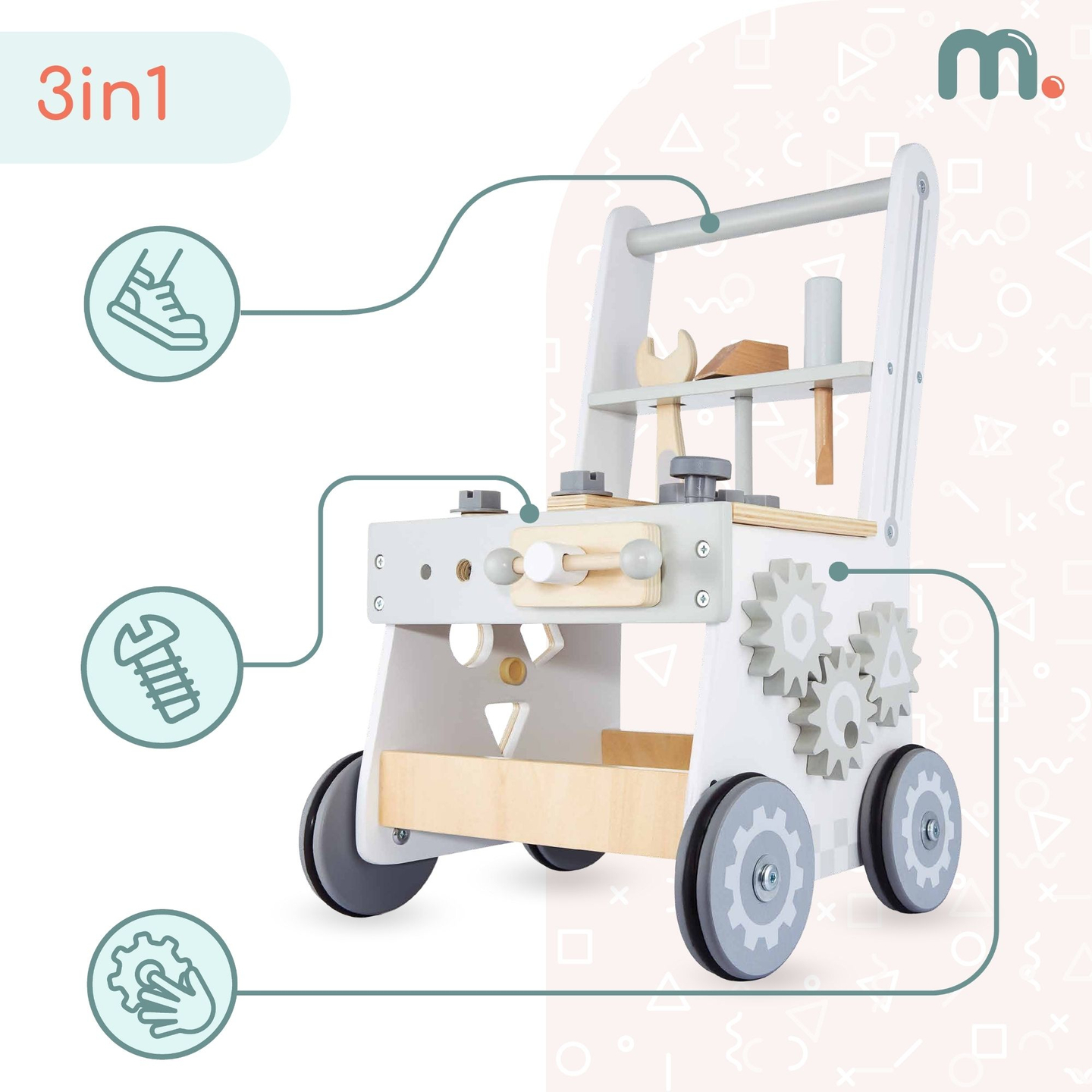 Drvena hodalica 3u1, guralica + radionica - 47 elemenata