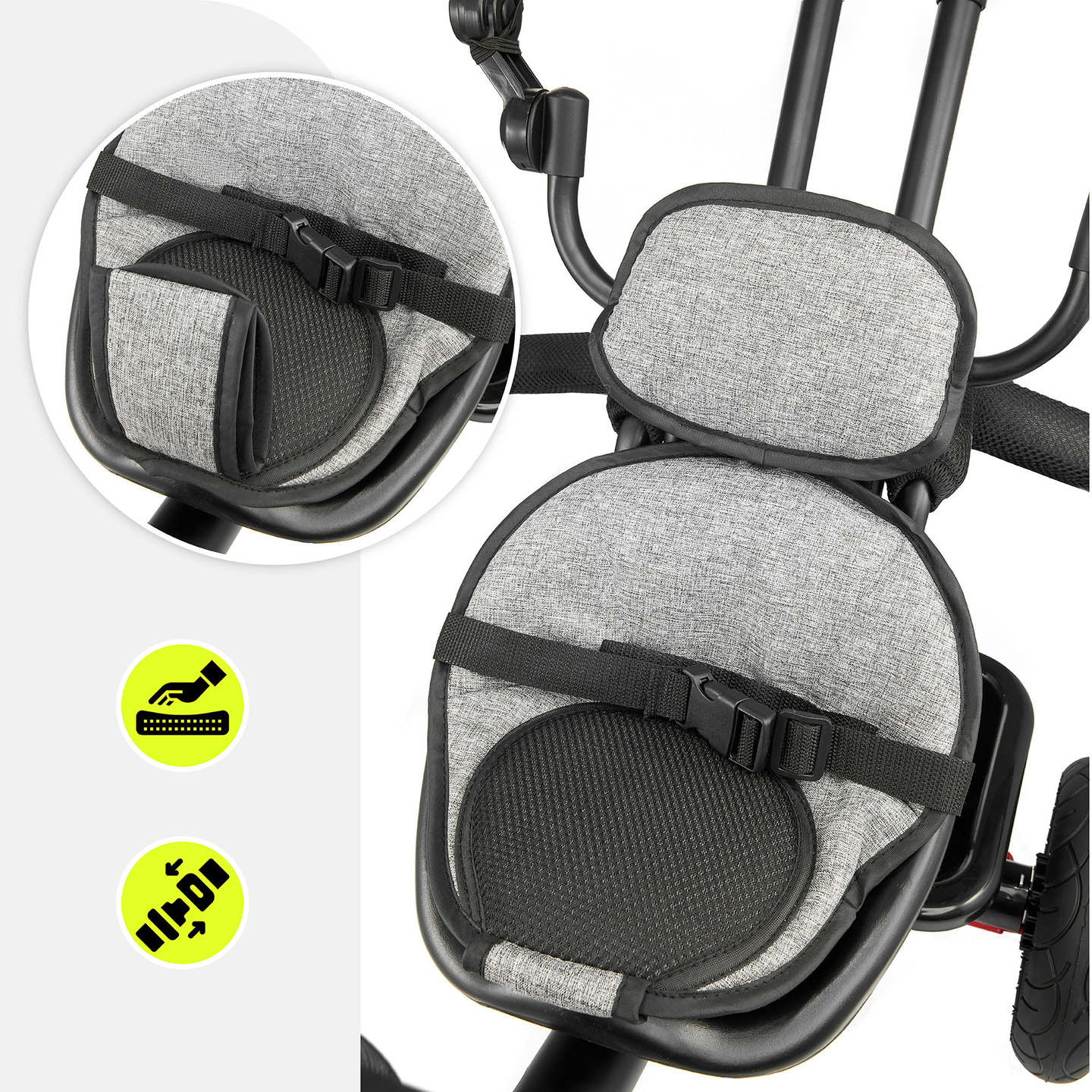 Tricikl za djecu 1-4 godine - TOBI FREY - siva boja - okretna - kotači na napuhavanje + guralica