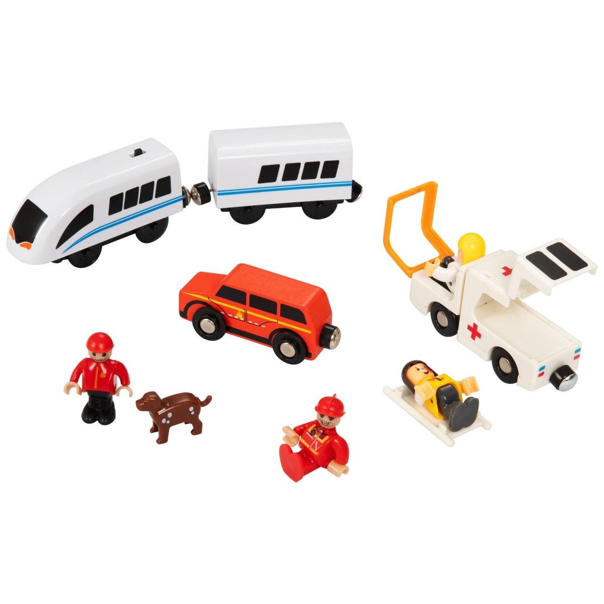 Drveni vlak, vlak na baterije - vatrogasci, tračnice, automobili, mostovi, barijere