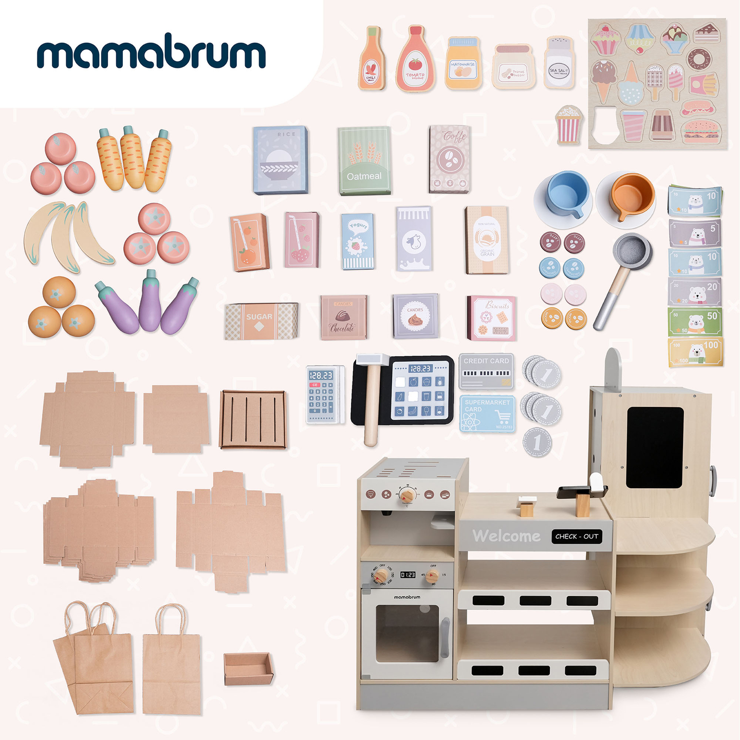 Velika drvena XXXL trgovina za djecu s šankom brze hrane - Kutna trgovina + Aparat za kavu + Pećnica + Hladnjak - 106 dodataka.