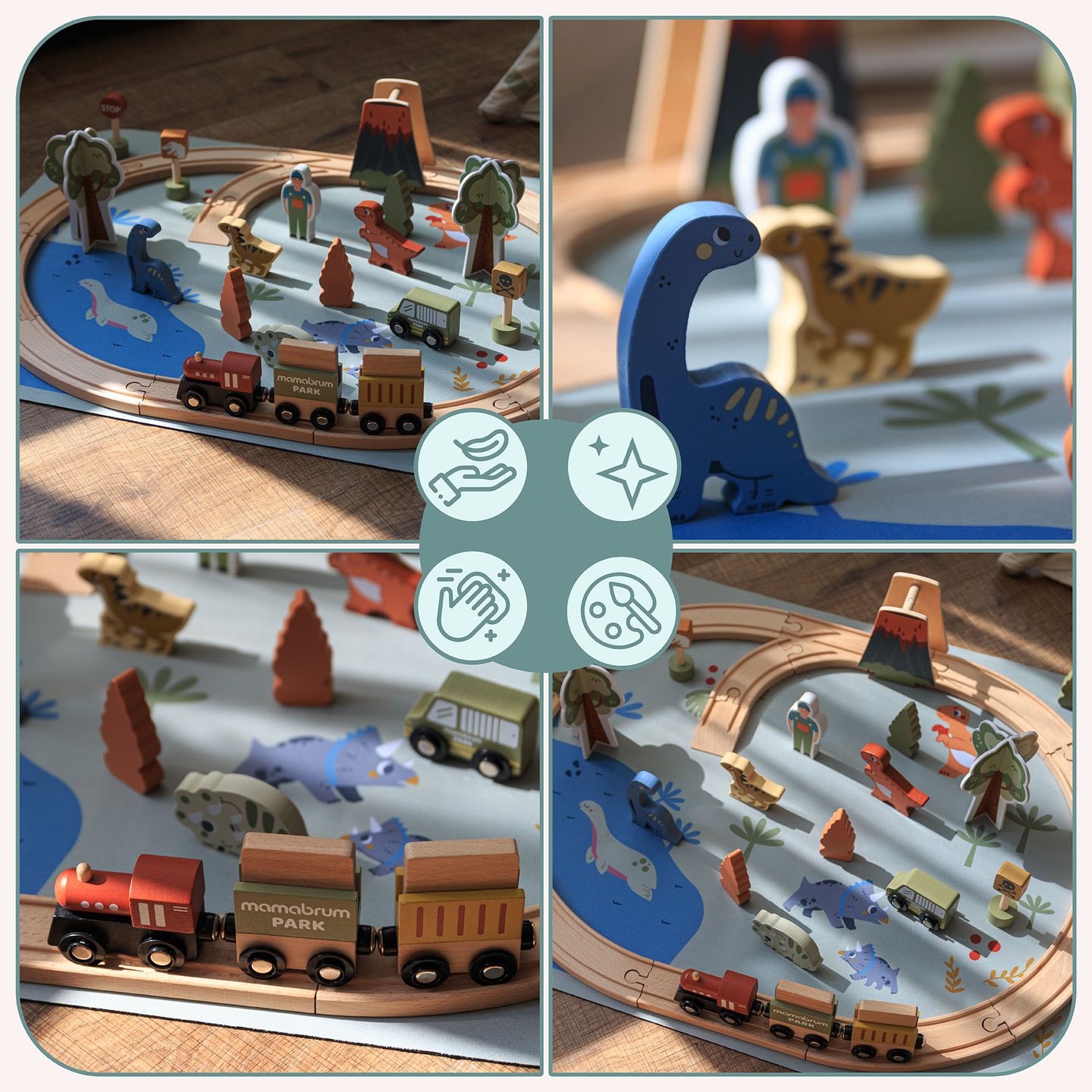 Dino Park drveni vlak s protukliznom podlogom - dinosauri, vlak, tračnice, vulkan, zvono