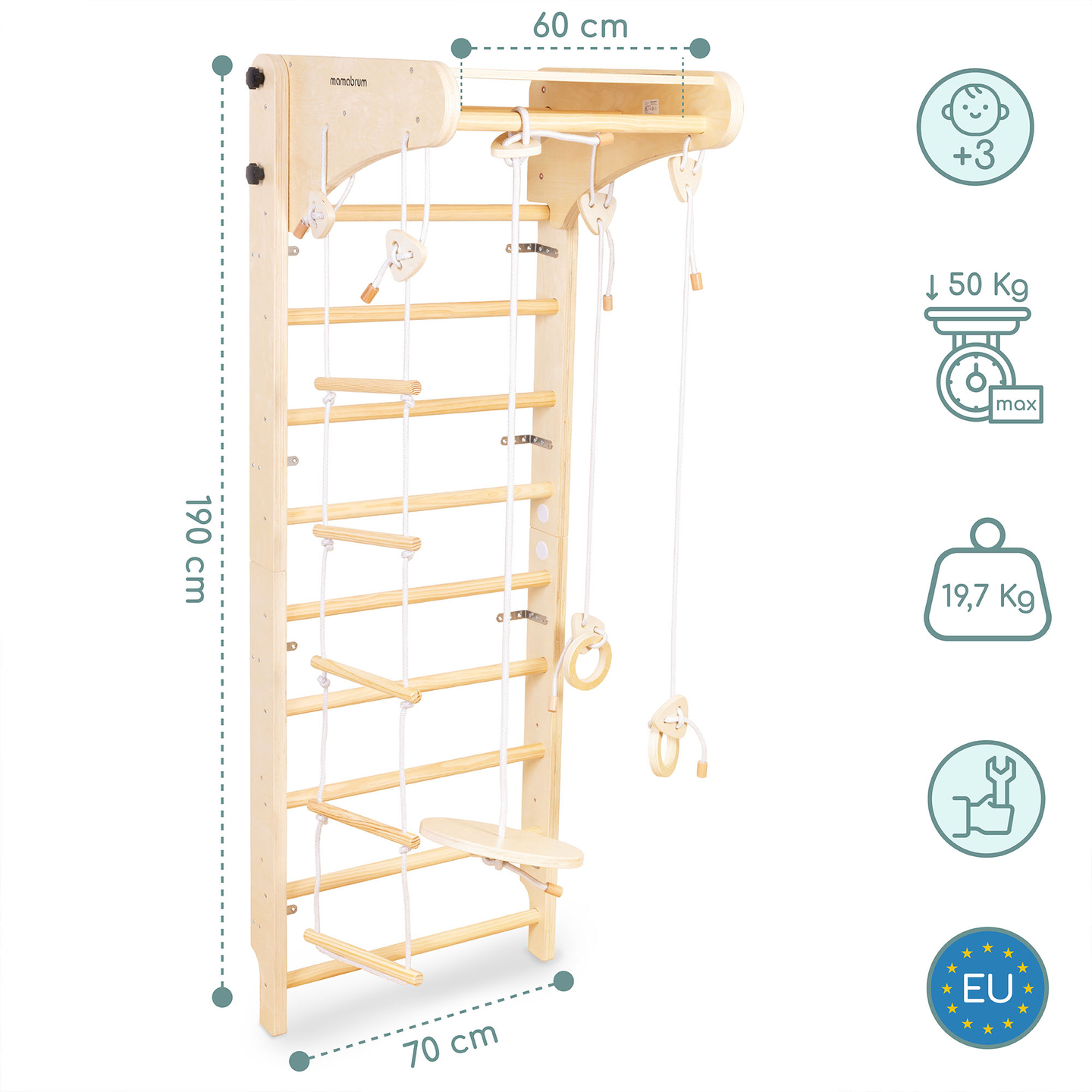 Drvene gimnastičke ljestve za djecu s priborom - ljuljačkom, gimnastičkim kolutovima i ljestvama od užeta