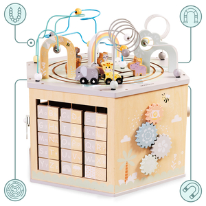 Velika drvena edukativna kocka - Montessori igračka s magnetskim vlakom i motornim petljama