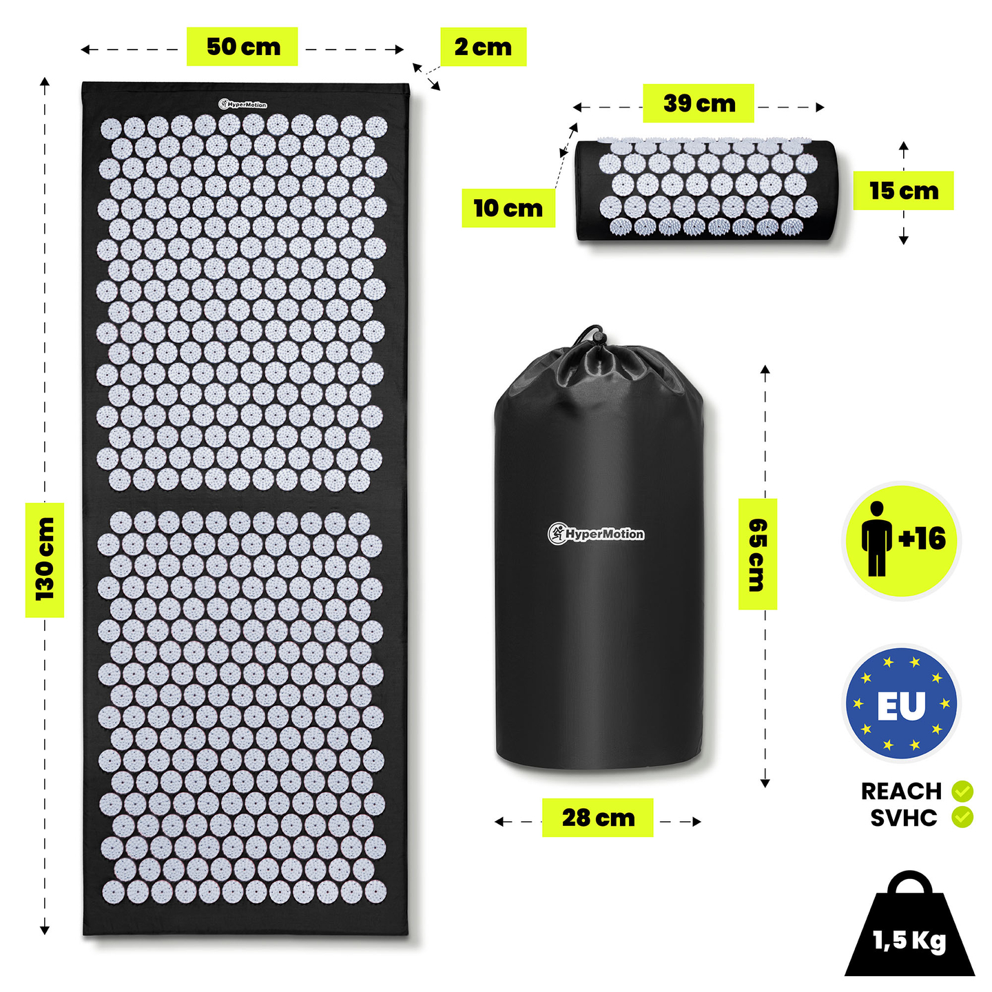 Velika akupresurna prostirka s jastukom i navlakom - 130 cm HyperMotion crno-bijela