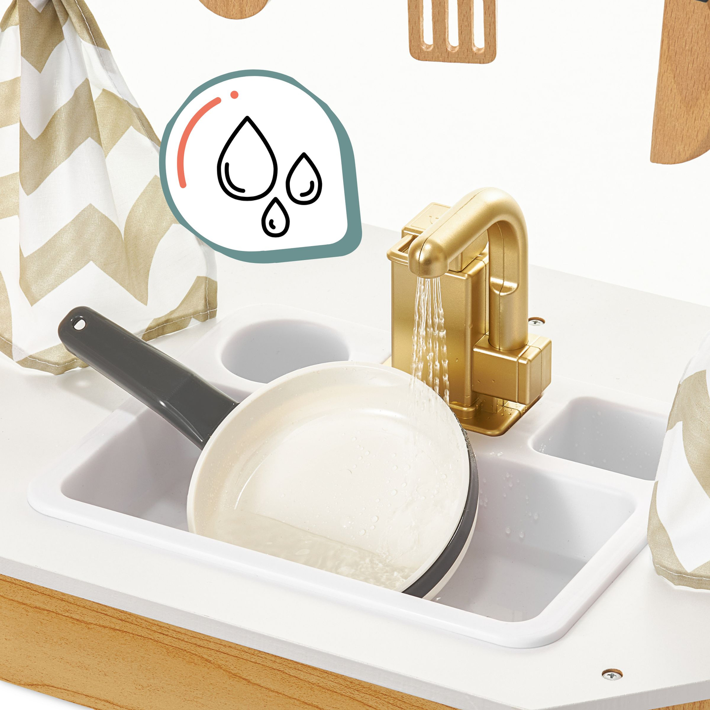 Velika, drvena XXXXL interaktivna kuhinja s LED rasvjetom, perilicom rublja, mikrovalnom pećnicom, aparatom za kavu i setom povrća i voća - 50 elemenata