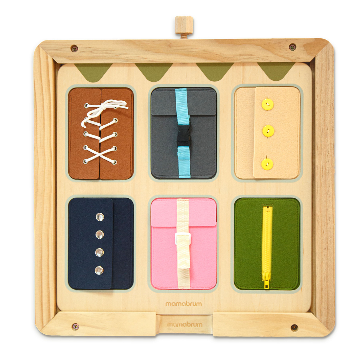 Drvena Montessori manipulativna ploča – Senzorno učenje samostalnosti - vezice, kopče, gumbi, drukeri, patentni zatvarač
