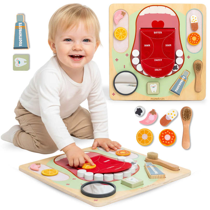 Drvena Montessori edukativna ploča za mali stomatolog - četkica za zube, pasta za zube, zubi koji se mogu ukloniti, ogledalo, hrana, okusi za učenje