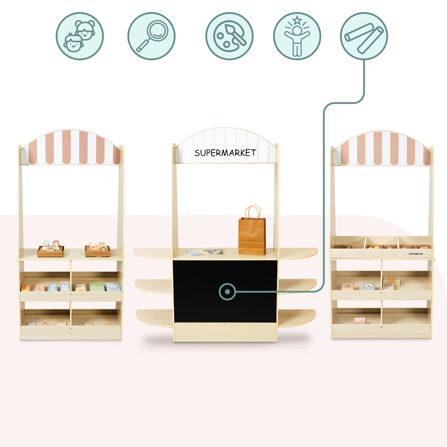 Velika drvena dječja trgovina s pločom - 91 dio za zabavnu kupovinu!