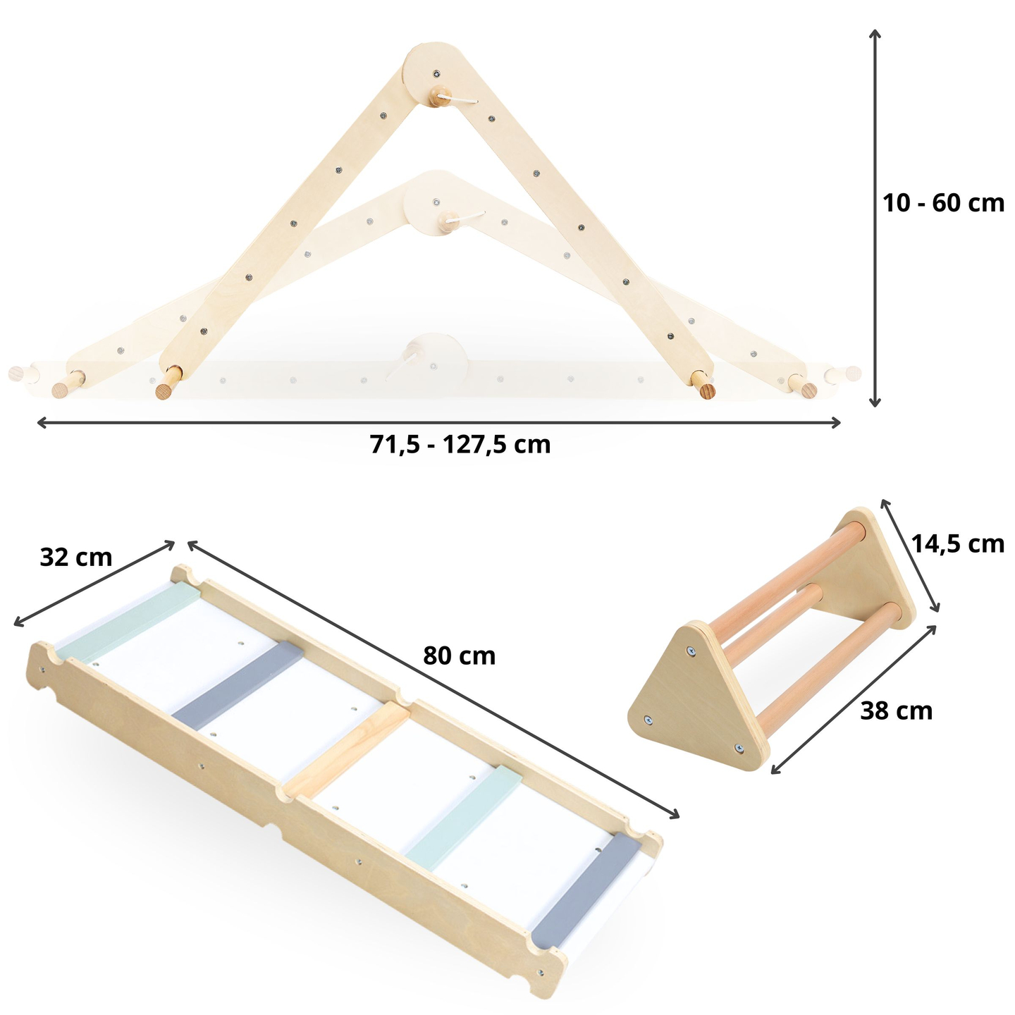 Drveno kućno igralište za djecu - ljestve + zid za penjanje + greda za ravnotežu - Piklerov trokut