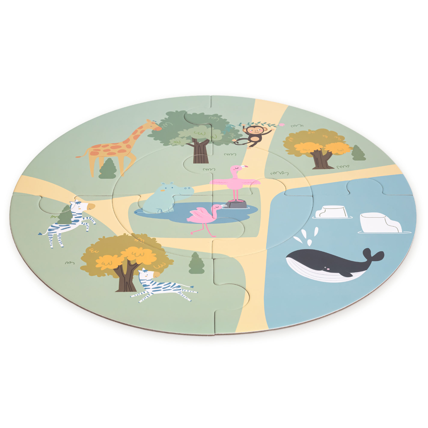 Drveni vlakić u zoološkom vrtu – slagalica, vlakić, tračnice, životinje, most, barijera