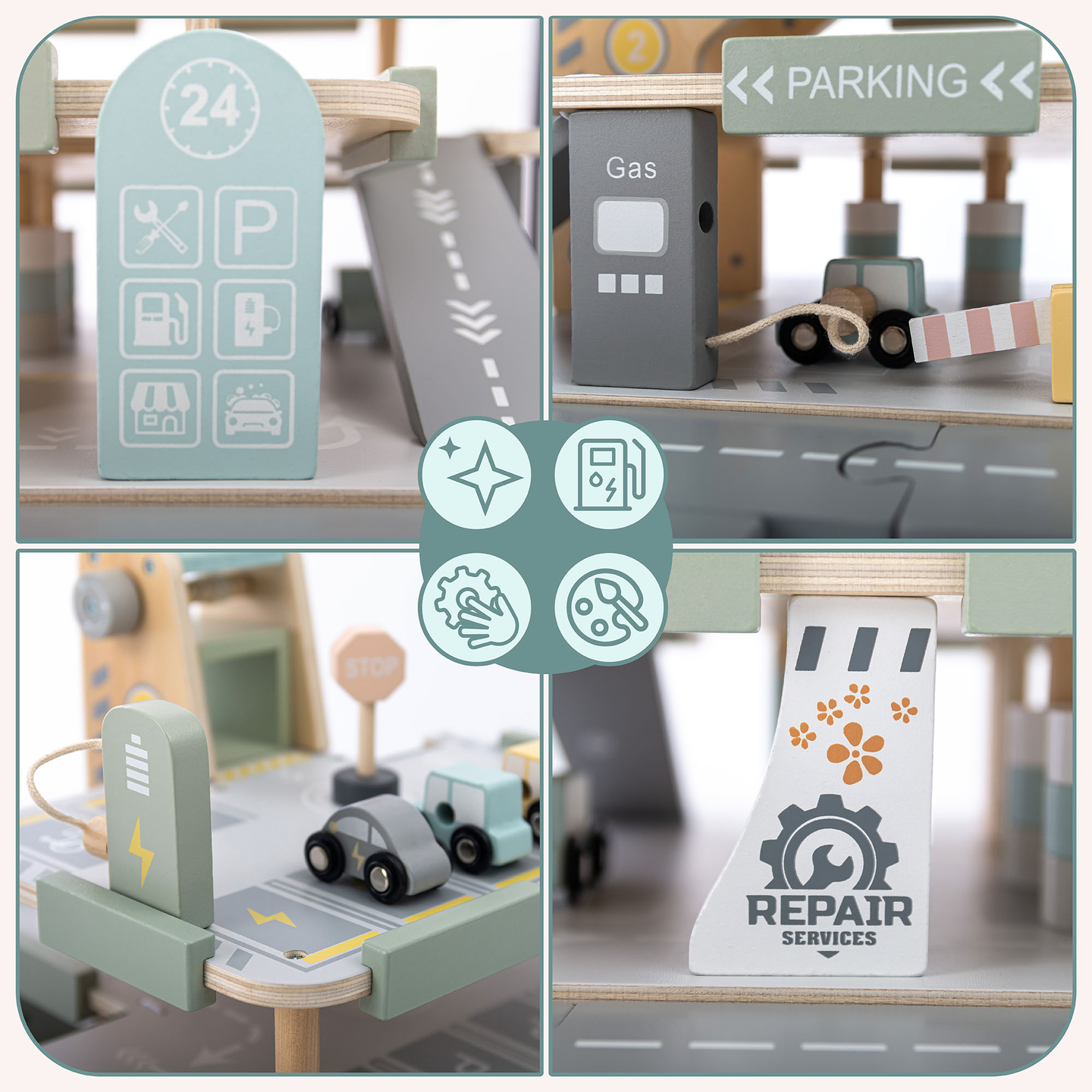 Drvena, trokatna garaža za djecu s pratećom opremom – parkiralište, benzinska postaja, autopraonica, helikopter