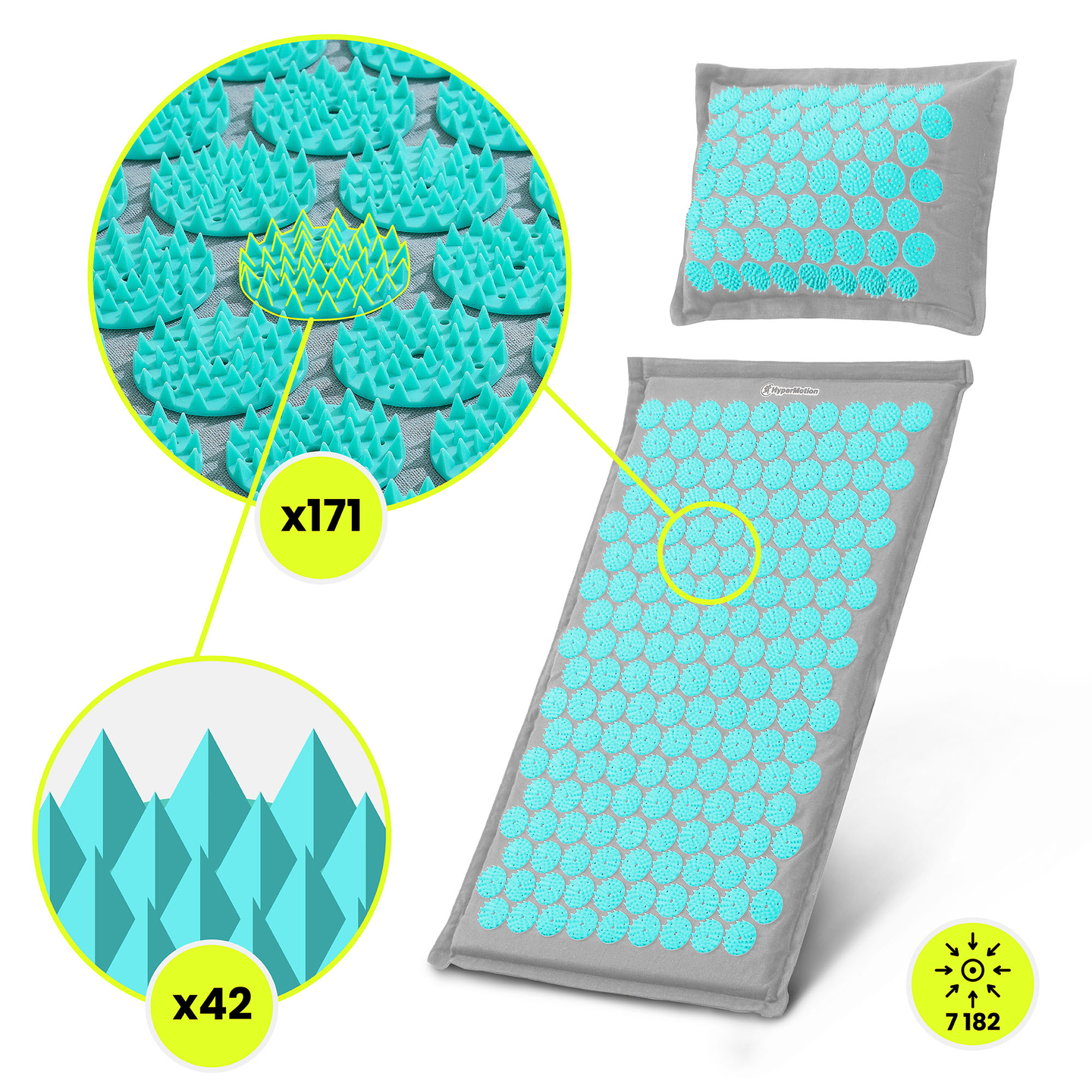 EKO lanena prostirka za akupresuru s kokosovim vlaknima i jastukom od heljde – 68 cm HyperMotion sivo-mentaste boje