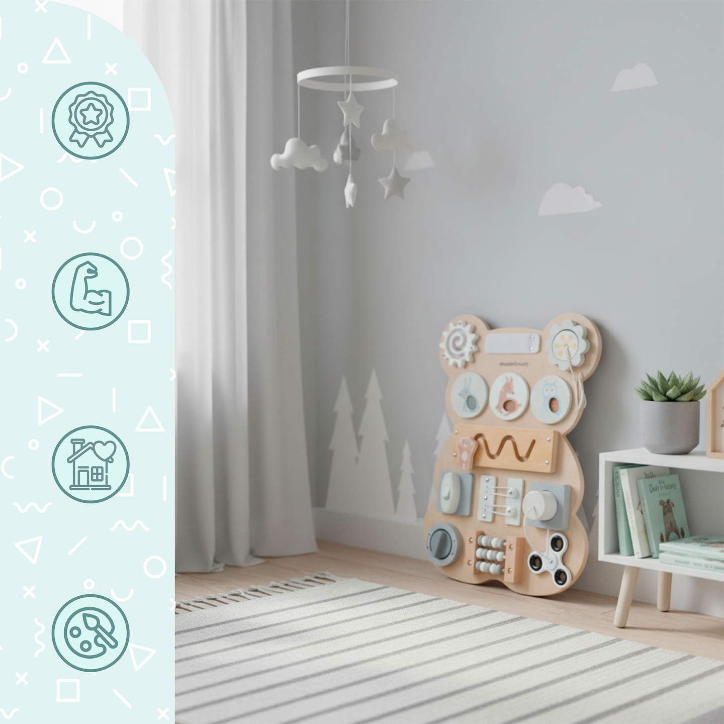 Drvena Montessori manipulativna ploča s medvjedićem - senzorno učenje samostalnosti: čičak, čep, labirint, klik gumb