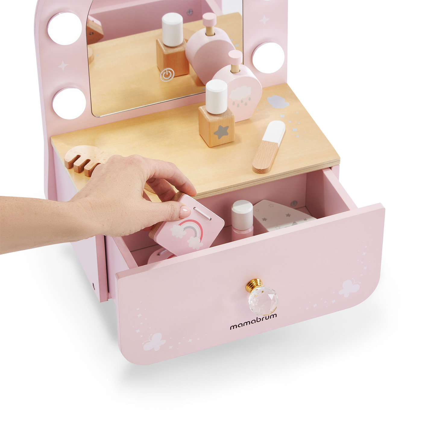 Drveni mini toaletni stolić za djecu s priborom i LED rasvjetom s glatkim podešavanjem svjetline