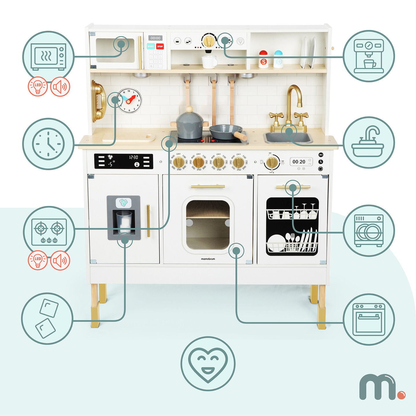 Interaktivna XXL drvena kuhinja s dodacima i LED rasvjetom - dvoetažna