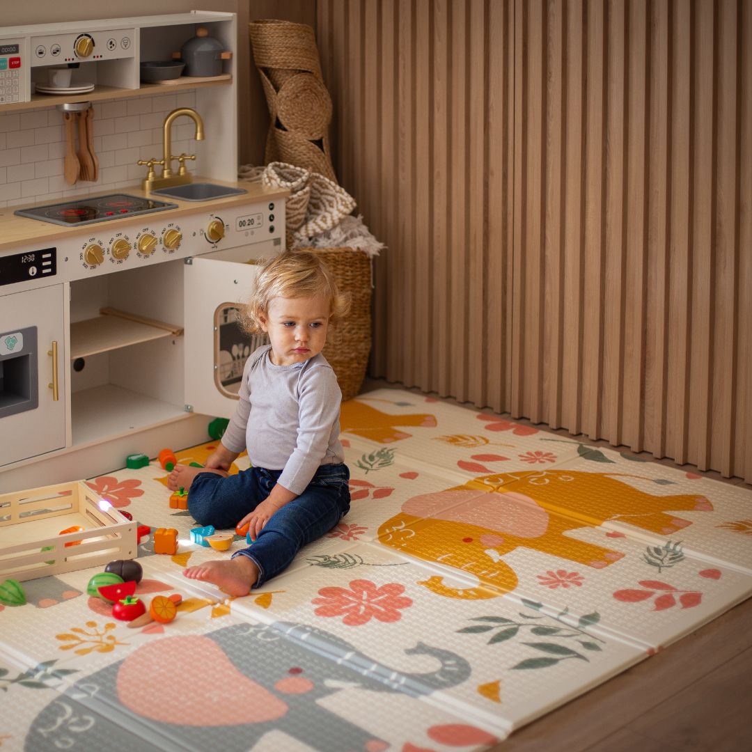 Dvostrana sklopiva pjenasta prostirka 180 x 120 x 1 cm - egzotični slonovi/jednobojna siva