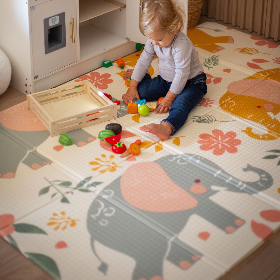 Dvostrana sklopiva pjenasta prostirka 180 x 120 x 1 cm - egzotični slonovi/jednobojna siva