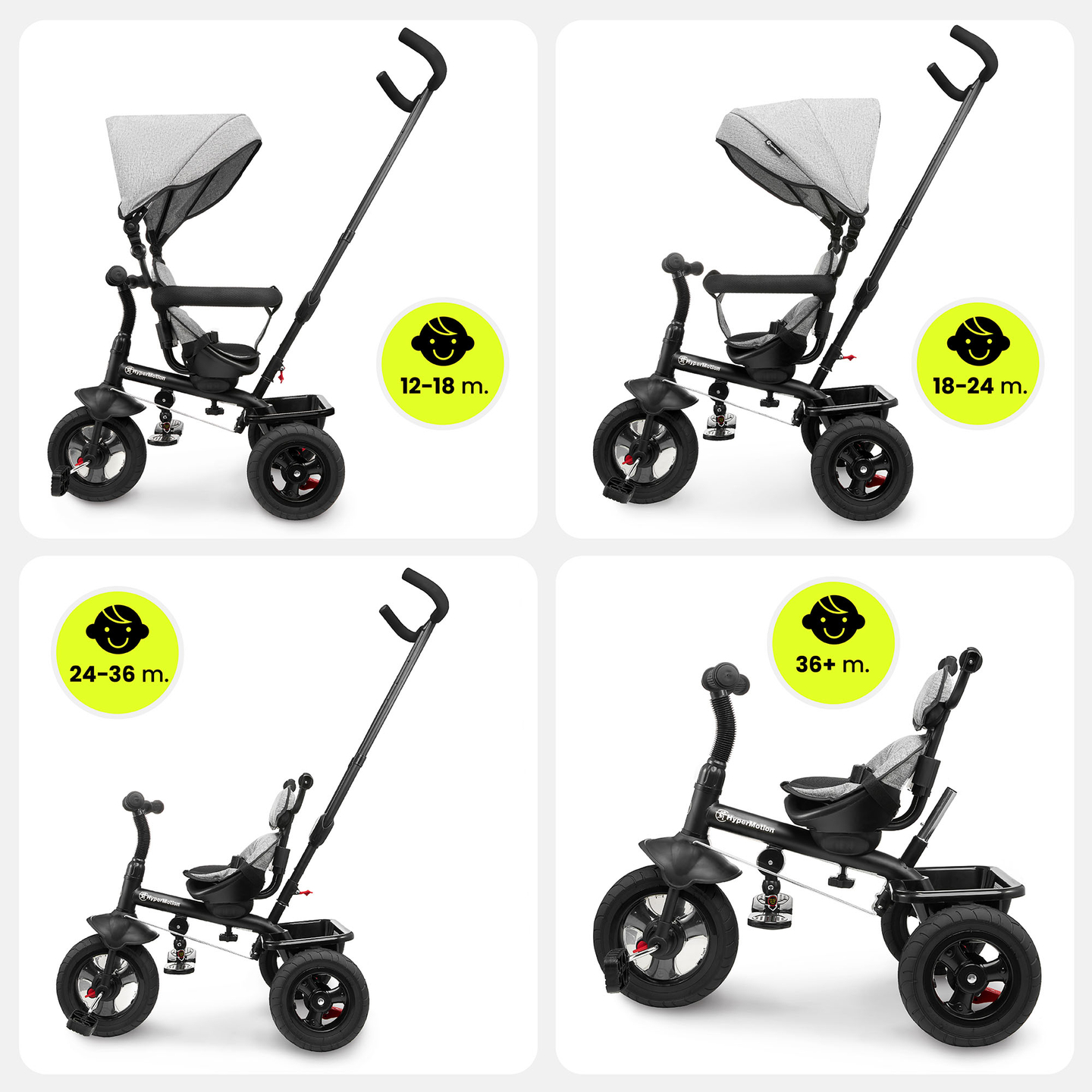 Tricikl za djecu 1-4 godine - TOBI FREY - siva boja - okretna - kotači na napuhavanje + guralica