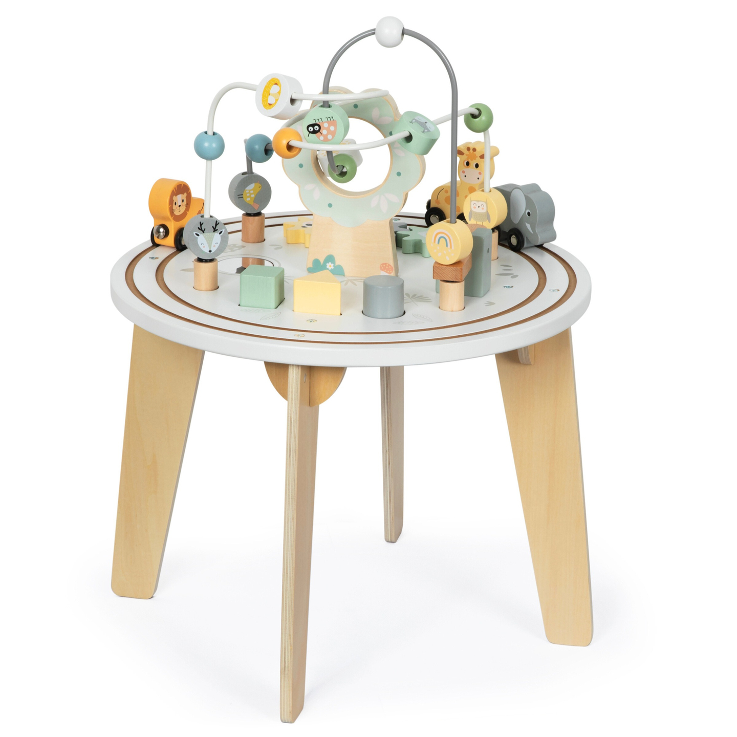 Drveni okrugli edukativni stol s magnetnim vlakićem i bacačem perlica
