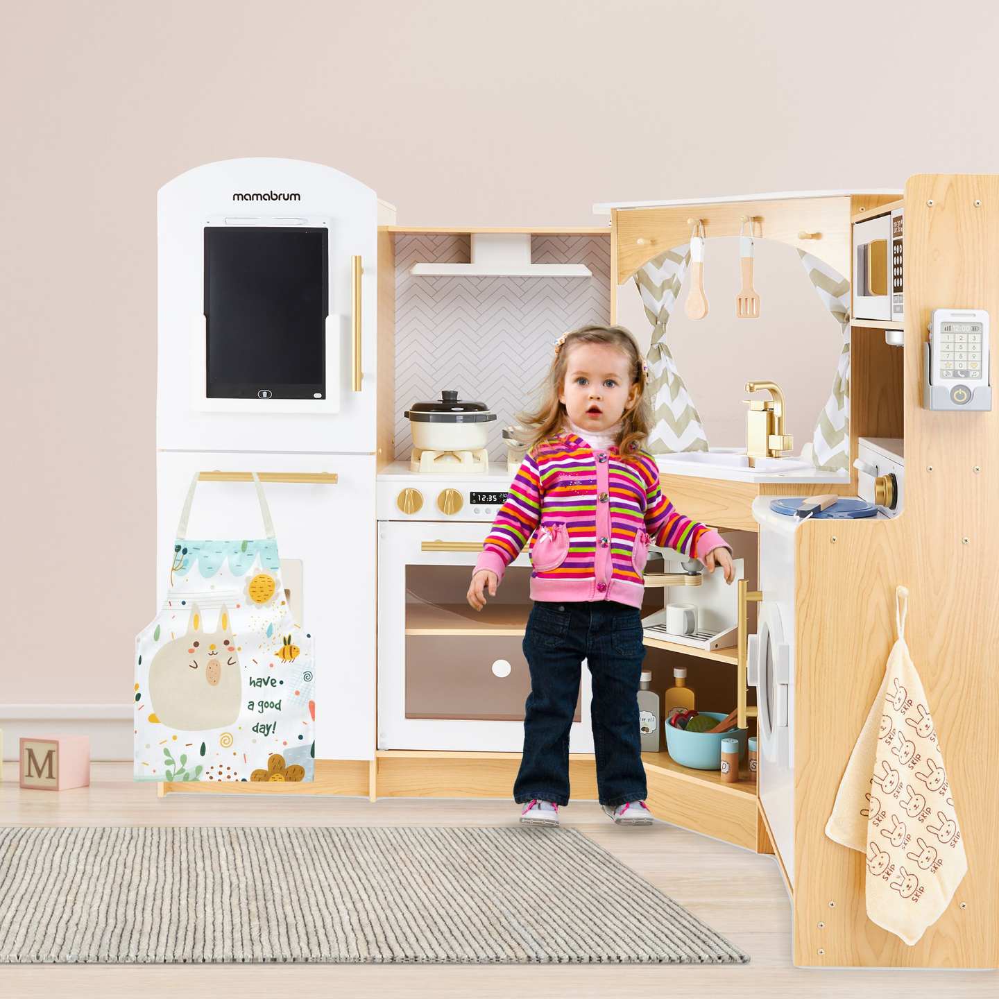 Velika, drvena XXXXL interaktivna kuhinja s LED rasvjetom, perilicom rublja, mikrovalnom pećnicom, aparatom za kavu i setom povrća i voća - 50 elemenata