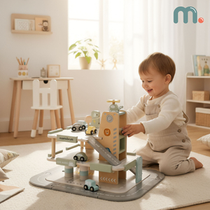 Drvena, trokatna garaža za djecu s pratećom opremom – parkiralište, benzinska postaja, autopraonica, helikopter