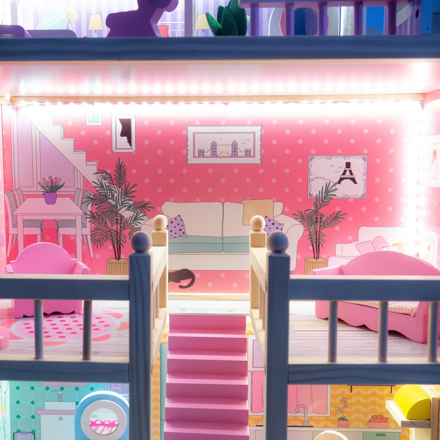 Velika drvena kućica za lutke na 3 kata s terasom, kompletom namještaja i LED rasvjetom!