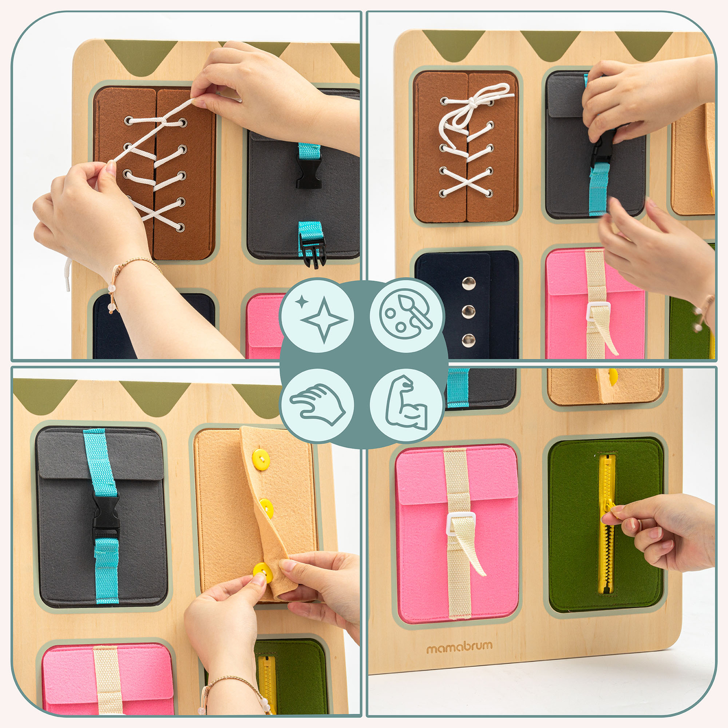 Drvena Montessori manipulativna ploča – Senzorno učenje samostalnosti - vezice, kopče, gumbi, drukeri, patentni zatvarač